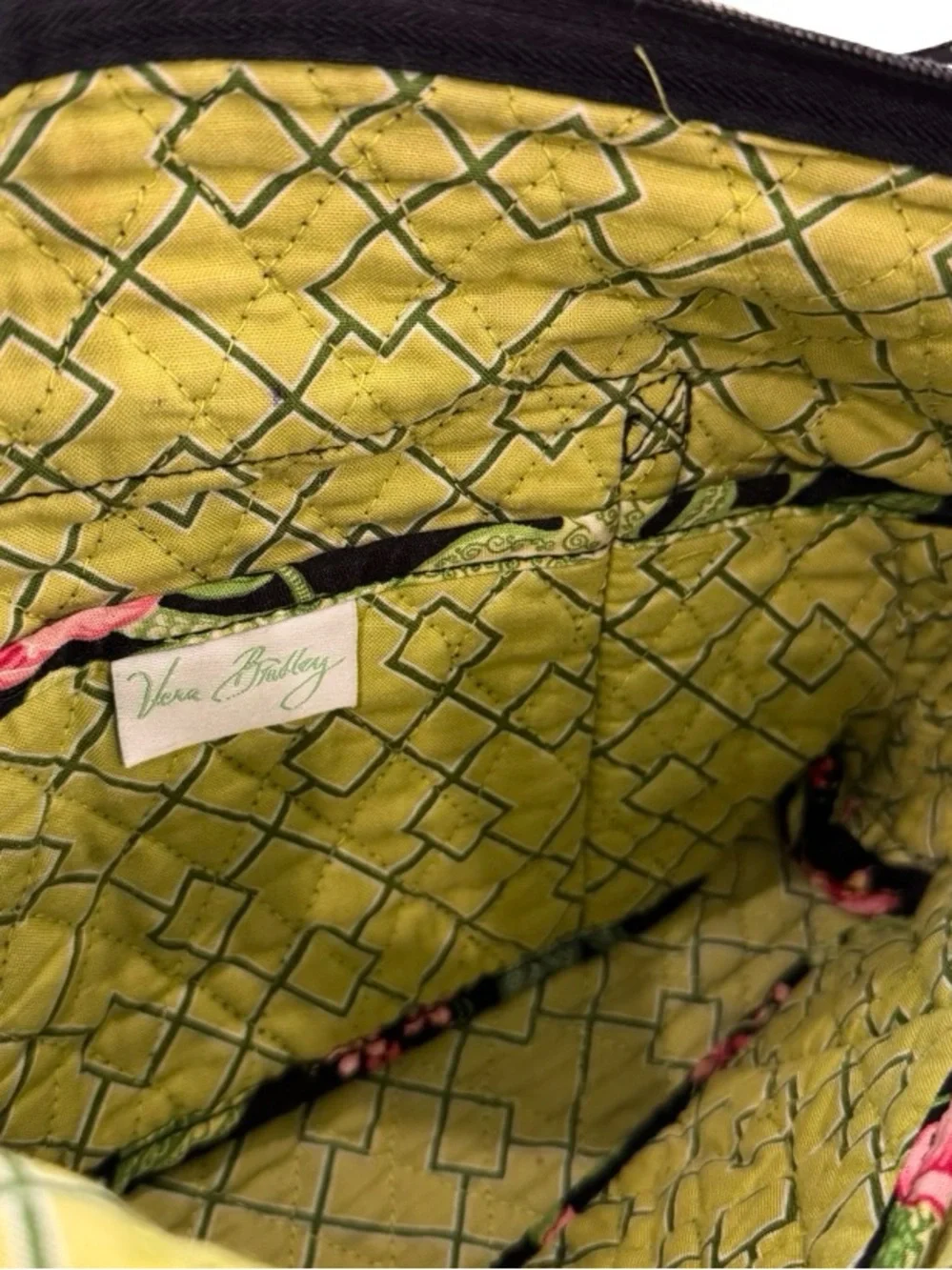 Vera Bradley Black Quilted Shoulder Bag with Pink and Green Floral Print